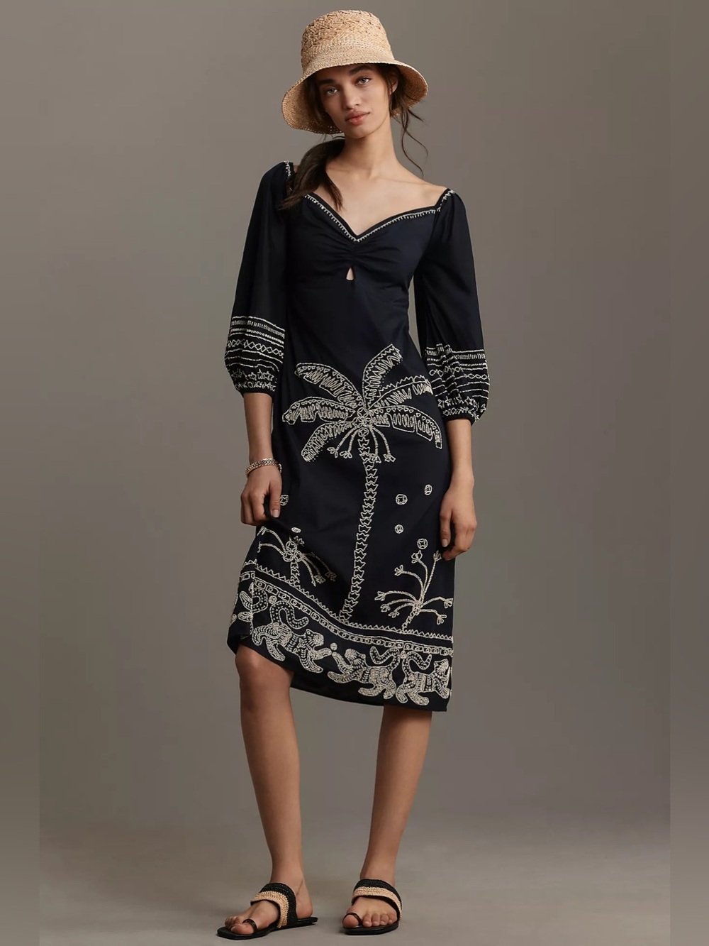 Farm Rio Sweetheart Cutout Beaded Midi Dress Black XS NWT Embroidered Cotton